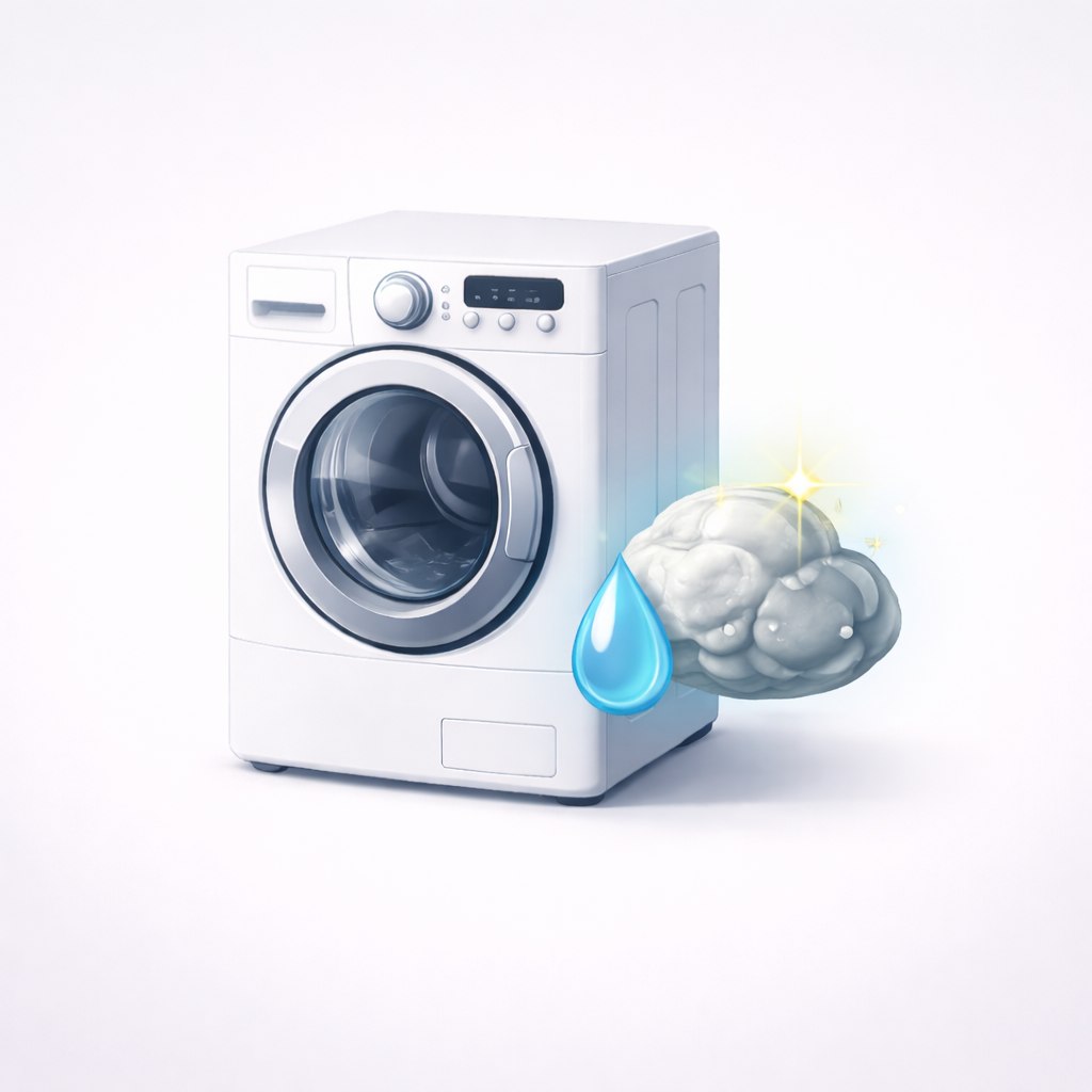 Illustration: Waschmaschine entkalken — Kalkstein und Wassertropfen als Symbol für Kalkablagerungen