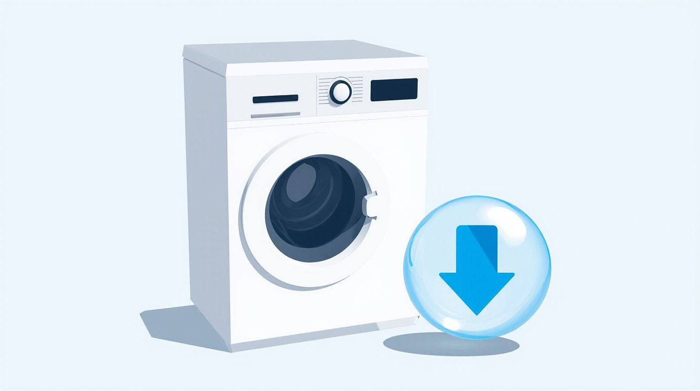 Illustration: Waschmaschine pumpt nicht ab — Pfeil zeigt Abpump-Problem