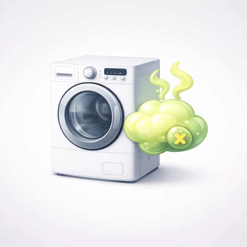 Illustration: Waschmaschine stinkt — grüne Geruchswolke als Symbol für muffigen Geruch