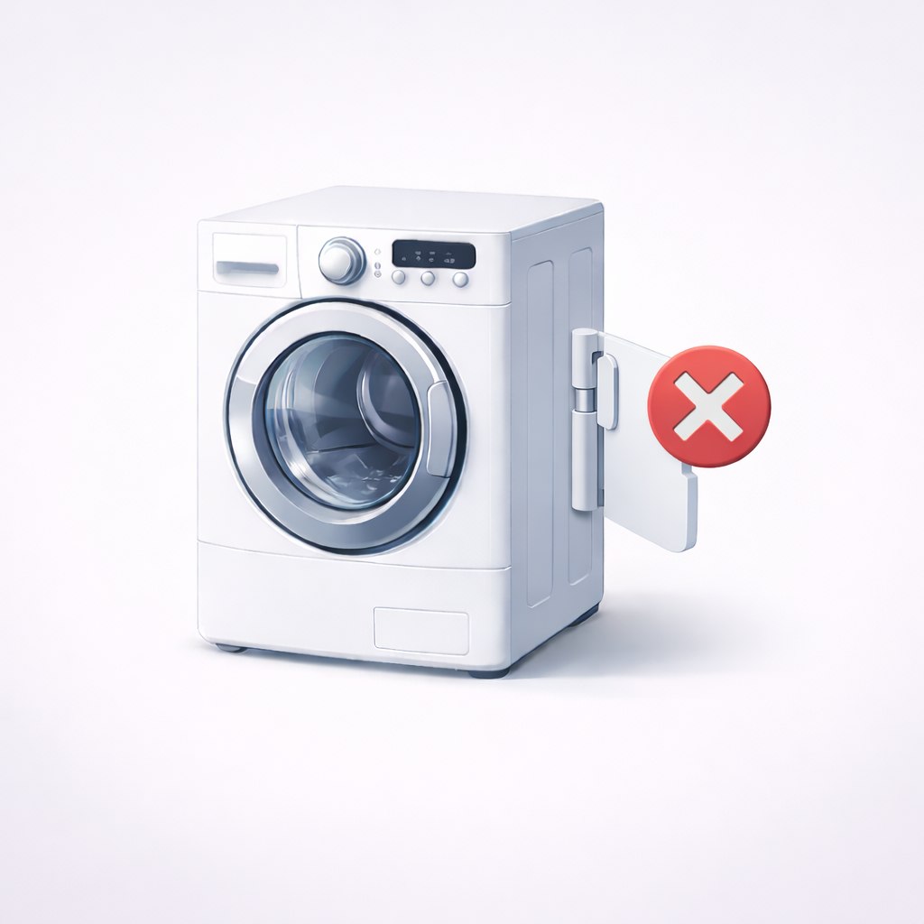 Illustration: Waschmaschine Tür schließt nicht — Tür mit rotem X als Symbol für Schließproblem
