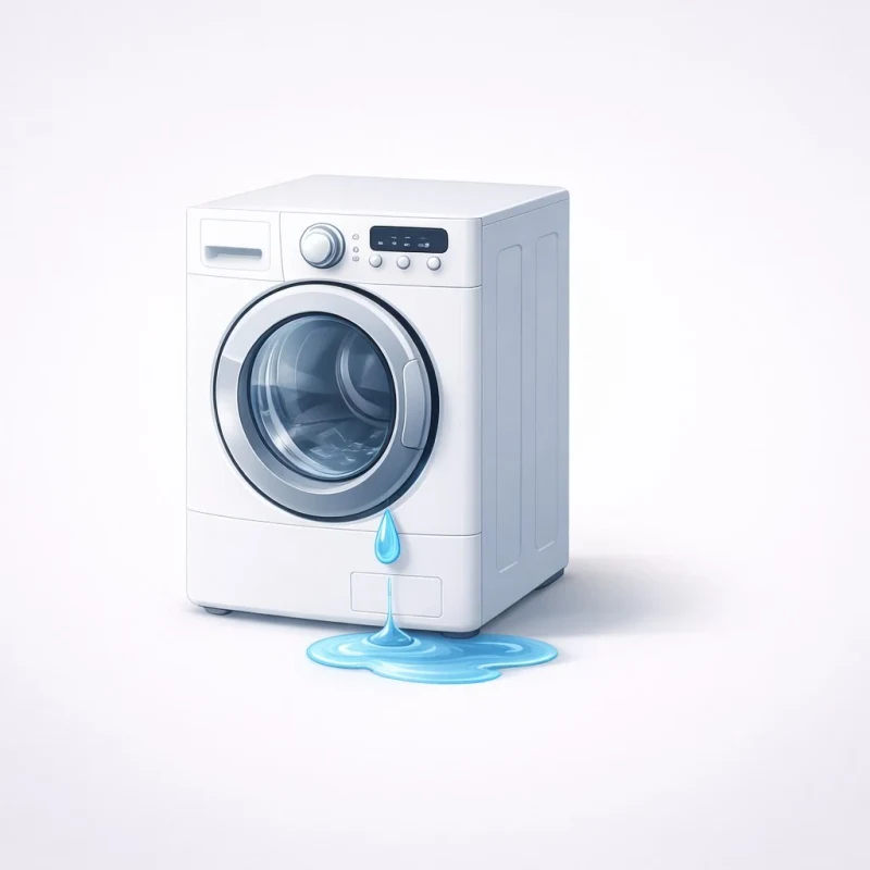 Illustration: Waschmaschine verliert Wasser — Wasserpfütze unter der Maschine als Symbol für Leck