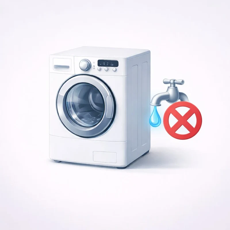 Illustration: Waschmaschine zieht kein Wasser — Wasserhahn mit rotem X als Symbol für fehlenden Wasserzulauf